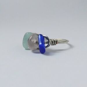 Beautiful Blue Gradient Gems Handmade Twisted Silver Wire Ring Size